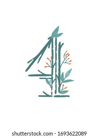 Number 4 style tree branches with leaves and berries botanical flowers floral art design element flat vector illustration
