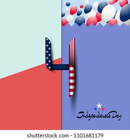 Number 4 in the style of the us flag. July 4-U.S. independence day. Lettering-independence day. Background with balloons. Fashion background. Modern background. Logo, icon.