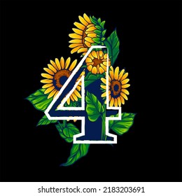 Number 4 With Summer Themed Sunflower Illustration