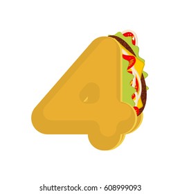 Number 4 tacos. Mexican fast food font four. Taco alphabet symbol. Mexico meal ABC