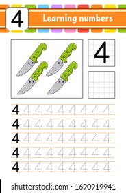 Number 4. Trace and write. Handwriting practice. Learning numbers for kids. Education developing worksheet. Activity page. Isolated vector illustration in cute cartoon style.