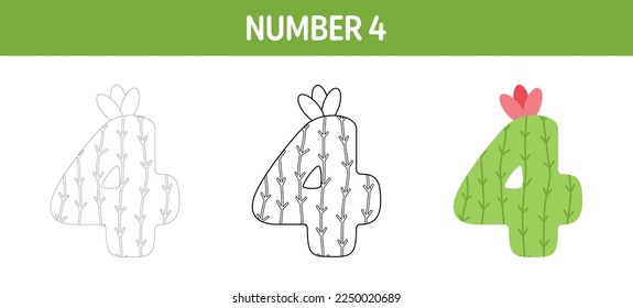 Number 4 tracing and coloring worksheet for kids