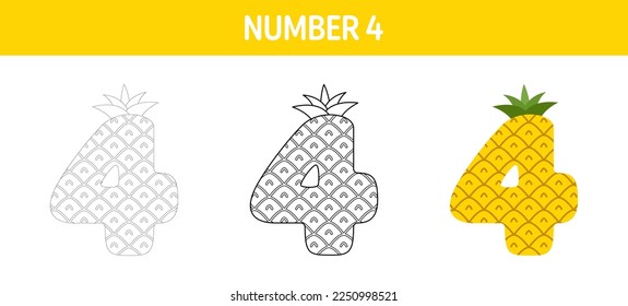 Number 4 tracing and coloring worksheet for kids