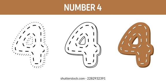 Number 4 tracing and coloring worksheet for kids