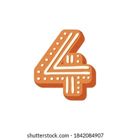 The number "4". Traditional Christmas sponge gingerbread in the shape of a number decorated with icing sugar. Vector stock illustration isolated on a white background.