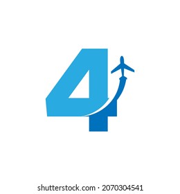 Number 4 Travel with Airplane Flight Logo Design Template Element