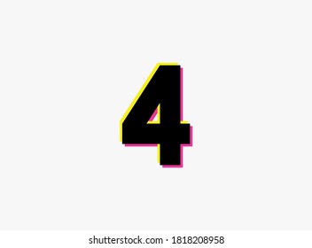 Number 4 vector desing logo. Dynamic, split-color, shadow of  number pink and yellow on white background. For social media,design elements, creative poster, anniversary celebration, greeting and web 
