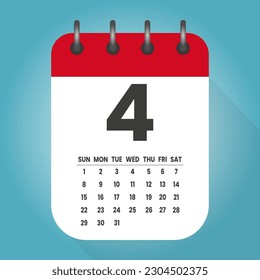 Number 4 - vector icon calendar days. 4th day of the month. Illustration flat style. Date of week, month, year Sunday, Monday, Tuesday, Wednesday, Thursday, Friday, Saturday. Holiday calendare date