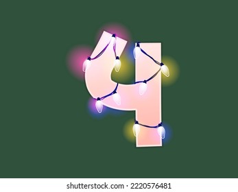 Number 4 vector illustration. Digits with glowing Christmas lights and bulbs. Counting figure for decoration. Festive set in playful style. Glowing four sign