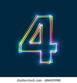 Number 4 - Vector multicolored outline font with glowing effect isolated on blue background. EPS10