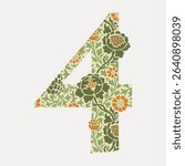 Number 4 vintage font, botanical pattern inspired by William Morris, isolated vector element.