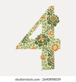 Number 4 vintage font, botanical pattern inspired by William Morris, isolated vector element.
