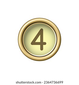 Number 4. Vintage golden typewriter button FOUR isolated on white background