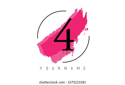 Number 4 Watercolor Stroke Logo with Circular Shape and Pastel Pink Brush Vector Design