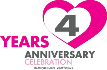 number of 4 years anniversary celebration logo style in black color with pink heart shape, isolated on white background.