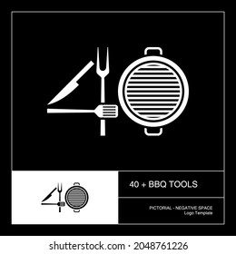 Nummer 40 und Barbeque Tools Bildlogo-Vorlage, negativer Weltraumstil.