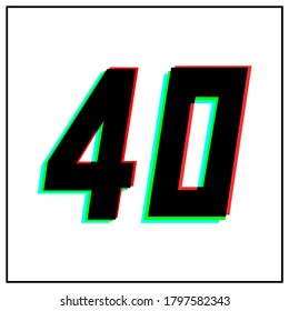 Number 40, forty vector desing logo.Dynamic, split-color, shadow of  number red, green, blue in black frame on white background.For social media,design elements, anniversary celebration greeting