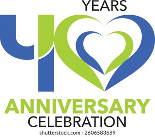 The number 40 is green and blue with two heart shaped stripes for the anniversary celebration with the word years anniversary celebration.