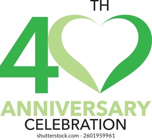 The number 40 is green and light green with heart shape for the anniversary celebration and the word years anniversary celebration at the bottom.