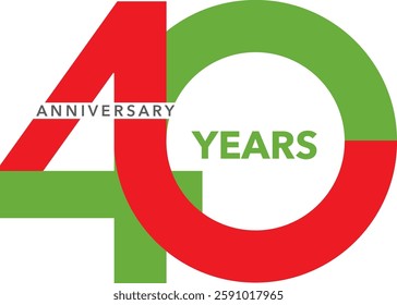 The number 40 is red and green, and the word anniversary is gray, and the word years is green.