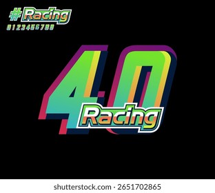 número 40 com texto de corrida vetorial, com cor de gradiente verde e amarelo no plano de fundo preto