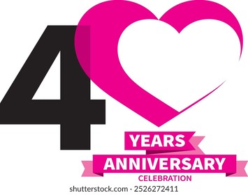 Número de estilo de logotipo de celebración de 40 años en forma de corazón negro y rosa, aislado sobre fondo blanco.