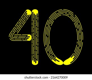 Número 40 de líneas punteadas amarillas aisladas en fondo negro. Elemento de diseño. Ilustración del vector