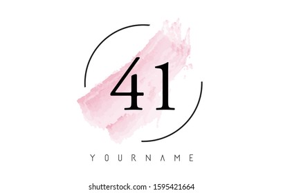 Number 41 Watercolor Stroke Logo with Circular Shape and Pastel Pink Brush Vector Design