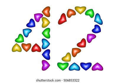 Number 42 of colorful hearts on white. Symbol for happy birthday, event, invitation, greeting card, award, ceremony. Holiday anniversary sign. Multicolored icon. Forty two in rainbow colors. Vector