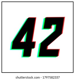 Number 42, forty two vector desing logo.Dynamic, split-color, shadow of  number red, green, blue in black frame on white background.For social media,design elements, anniversary celebration greeting