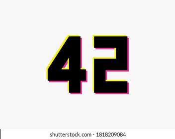 Number 42 vector desing logo. Dynamic, split-color, shadow of  number pink and yellow on white background. For social media,design elements, creative poster, anniversary celebration, greeting and web 