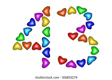Number 43 of colorful hearts on white. Symbol for happy birthday, event, invitation, greeting card, award, ceremony. Holiday anniversary sign. Multicolored icon. Forty three in rainbow colors. Vector
