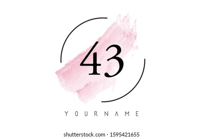 Number 43 Watercolor Stroke Logo with Circular Shape and Pastel Pink Brush Vector Design