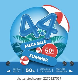 number 4.4 3D blue,promotion sign in mega sale and summer campaigns with 50% off label,all place front of circular background with of coconut tree,vector for Fourth day of fourth month promtion