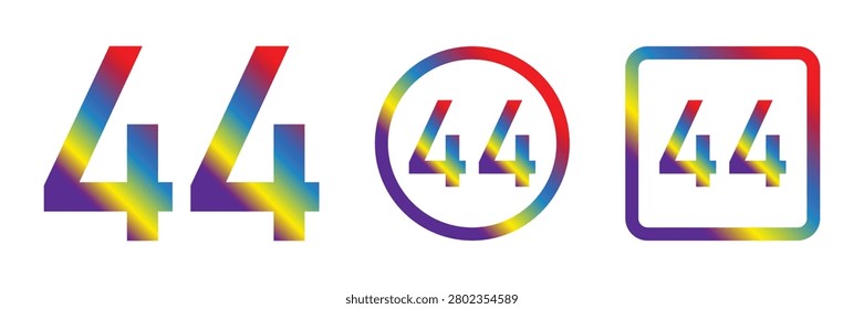 Number 44 Number Forty Four Icon with Vibrant Rainbow Spectrum Gradient in Circle and Square Frames Vector Illustration