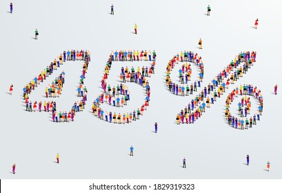 Number 45 Percent. Large group of people form to create a shape 45%. Special Offer Sale Design. Vector Illustration of advertising banner.