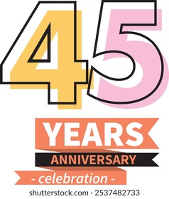 number 45 years anniversary celebration logo style black line with orange and pink color, isolated on white background.