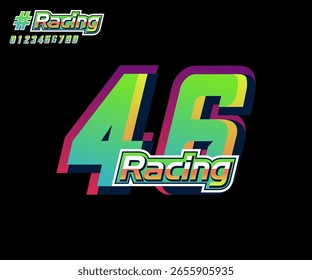 Número 46 con texto de carreras de Vectores, con color degradado verde y amarillo sobre fondo negro
