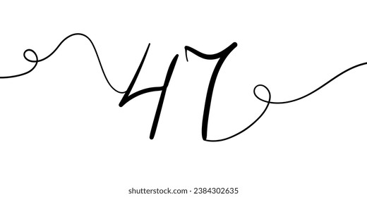 Number 47 line art drawing on white background. Anniversary 47th birthday continuous drawing contour. Minimal vector illustration