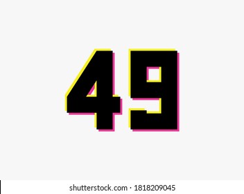 Number 49 vector desing logo. Dynamic, split-color, shadow of  number pink and yellow on white background. For social media,design elements, creative poster, anniversary celebration, greeting and web 