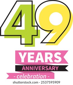 number 49 years anniversary celebration logo style black line with green and yellow color, isolated on white background.