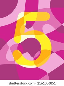 Number 5 of abstract smooth rounded shapes. Contrasting yellow number on a pink background