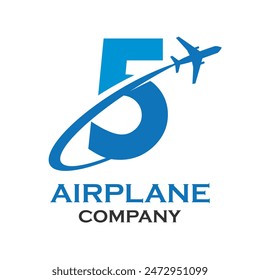 Number 5 with airplane logo template illustration. suitable for transportation, brand, travel, agency, web, label, network, marketing etc
