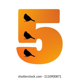 Number 5 of the alphabet made with color orange and three silhouette of birds, isolated on a white background; vector