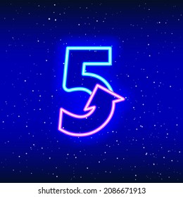 Number 5 And Arrow Sign Icon In Neon Blue And Pink Color. Arrowed Numeral Five Of Space Stars. Neon Linear Digit Design. Realistic Neon Icon. Linear Icon On Blue Background.