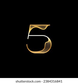 Number 5, beautiful elegant golden alphabet striped font, classic Arab numeral perfect for wedding invitations, anniversary or fashion, brand name or logo design, vector illustration 10EPS