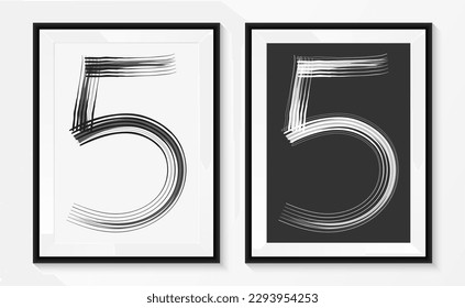 Die Zahl "5" ist eine abstrakte schwarz-weißer Pinselhandschrift auf Papier mit schwarzem Holzrahmen. Vektorgrafik.