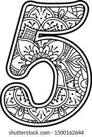 number 5 in black and white with doodle ornaments and design elements from mandala art style for coloring. Isolated on white background