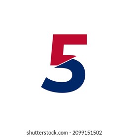 Logotipo azul y rojo número 5. Formas geométricas Estilo de corte aislado en fondo blanco