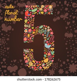 The number 5. Bright floral element of colorful alphabet made from birds, flowers, petals, hearts and twigs. Summer floral ABC element in vector